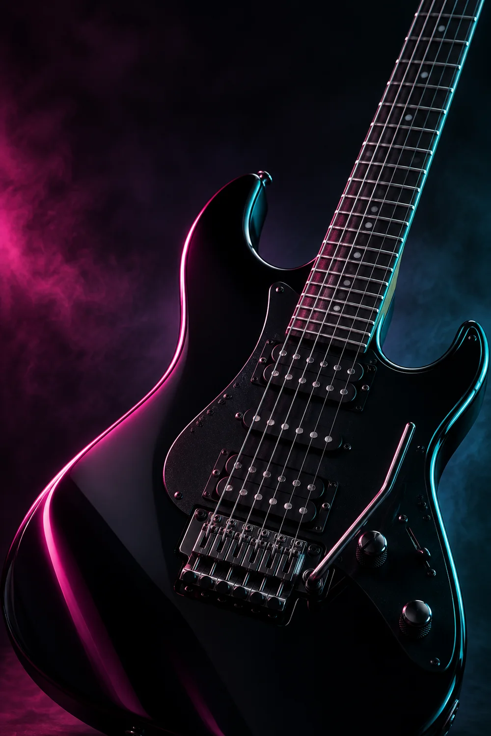 Guitarra elétrica preta iluminada em magenta e ciano